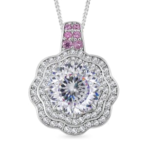 120 Faceted Moissanite and Pink Sapphire 3.90 ctw Vintage Halo Pendant Necklace in Platinum Over and Rhodium Over Sterling Silver 20 Inches