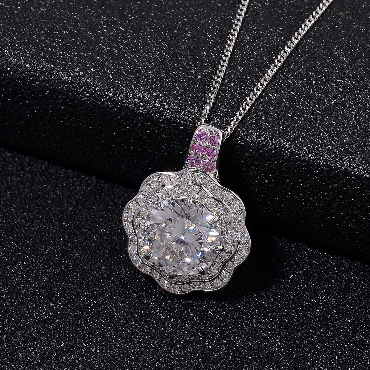 120 Faceted Moissanite and Pink Sapphire 3.90 ctw Vintage Halo Pendant Necklace in Platinum Over and Rhodium Over Sterling Silver 20 Inches image number 1