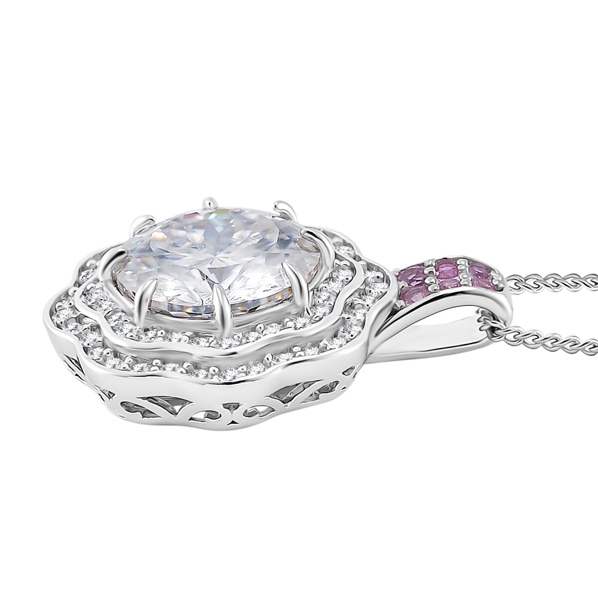 120 Faceted Moissanite and Pink Sapphire 3.90 ctw Vintage Halo Pendant Necklace in Platinum Over and Rhodium Over Sterling Silver 20 Inches image number 2