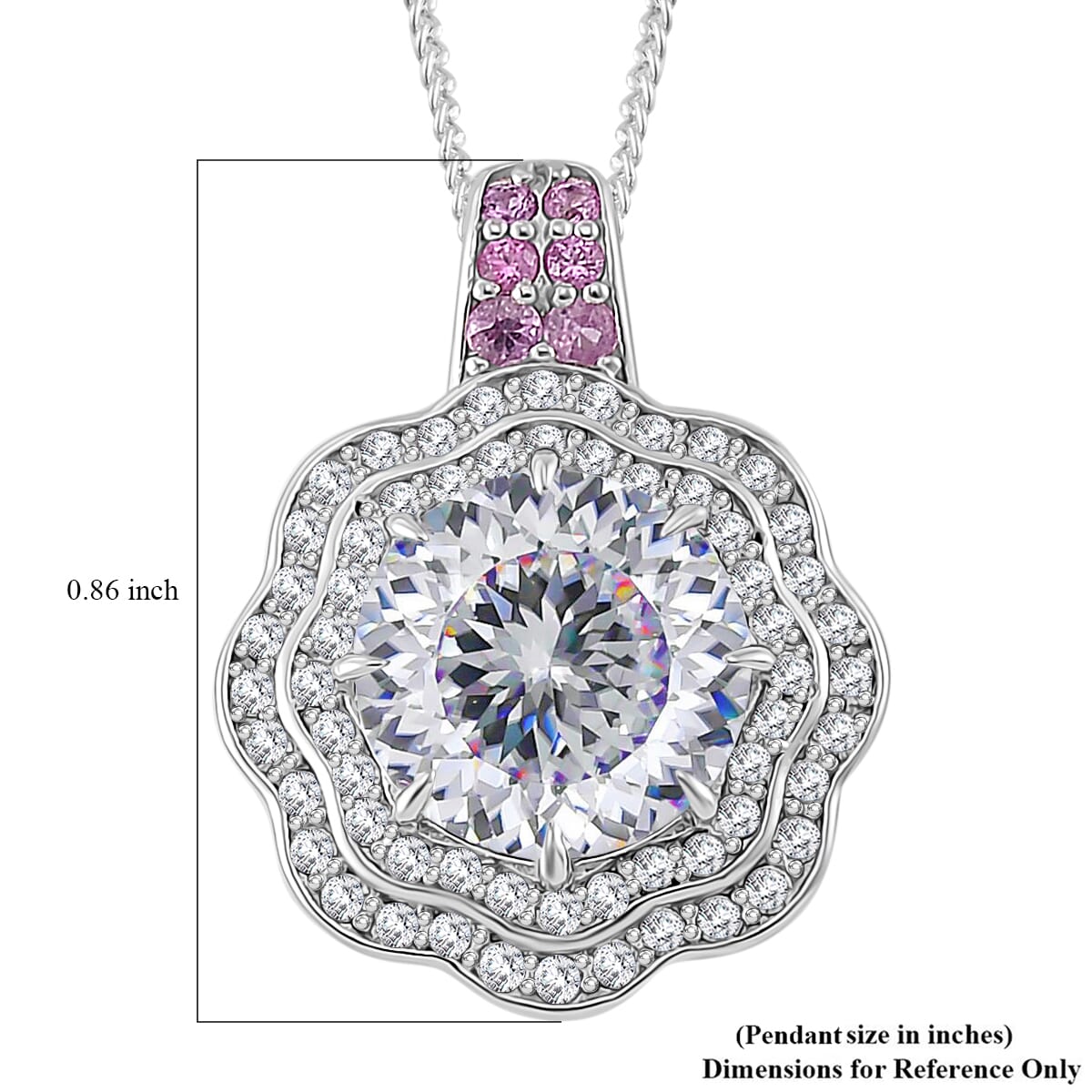 120 Faceted Moissanite and Pink Sapphire 3.90 ctw Vintage Halo Pendant Necklace in Platinum Over and Rhodium Over Sterling Silver 20 Inches image number 3
