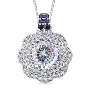 120 Faceted Moissanite and Blue Sapphire 3.90 ctw Vintage Halo Pendant Necklace in Rhodium Over Sterling Silver 20 Inches