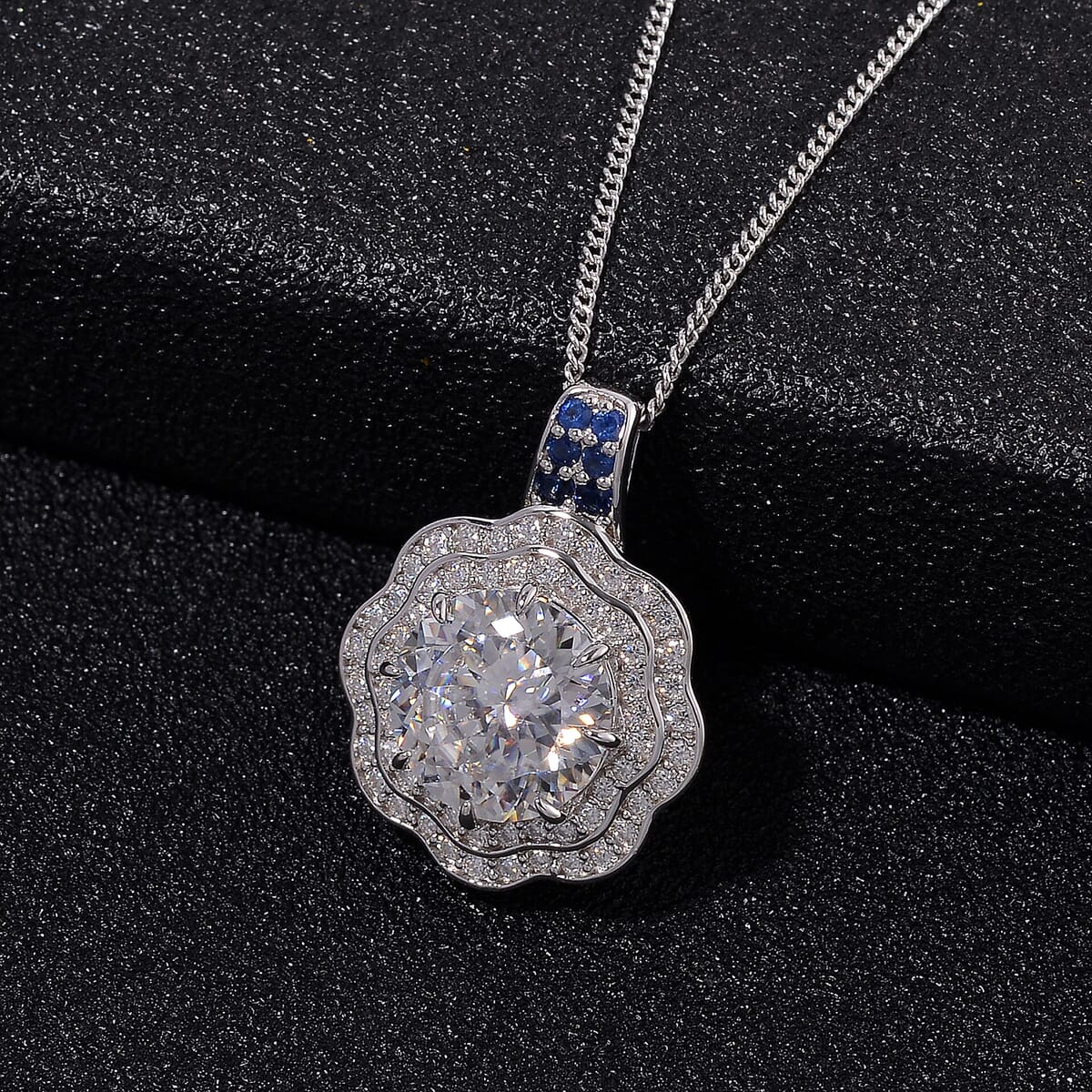 120 Faceted Moissanite and Blue Sapphire 3.90 ctw Vintage Halo Pendant Necklace in Rhodium Over Sterling Silver 20 Inches image number 1