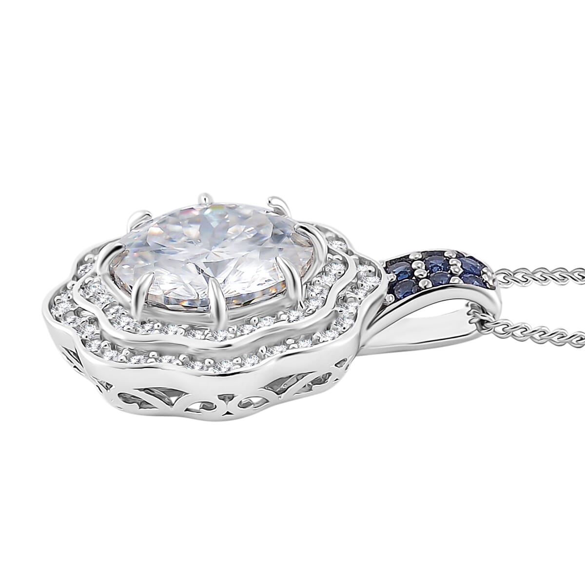 120 Faceted Moissanite and Blue Sapphire 3.90 ctw Vintage Halo Pendant Necklace in Rhodium Over Sterling Silver 20 Inches image number 3