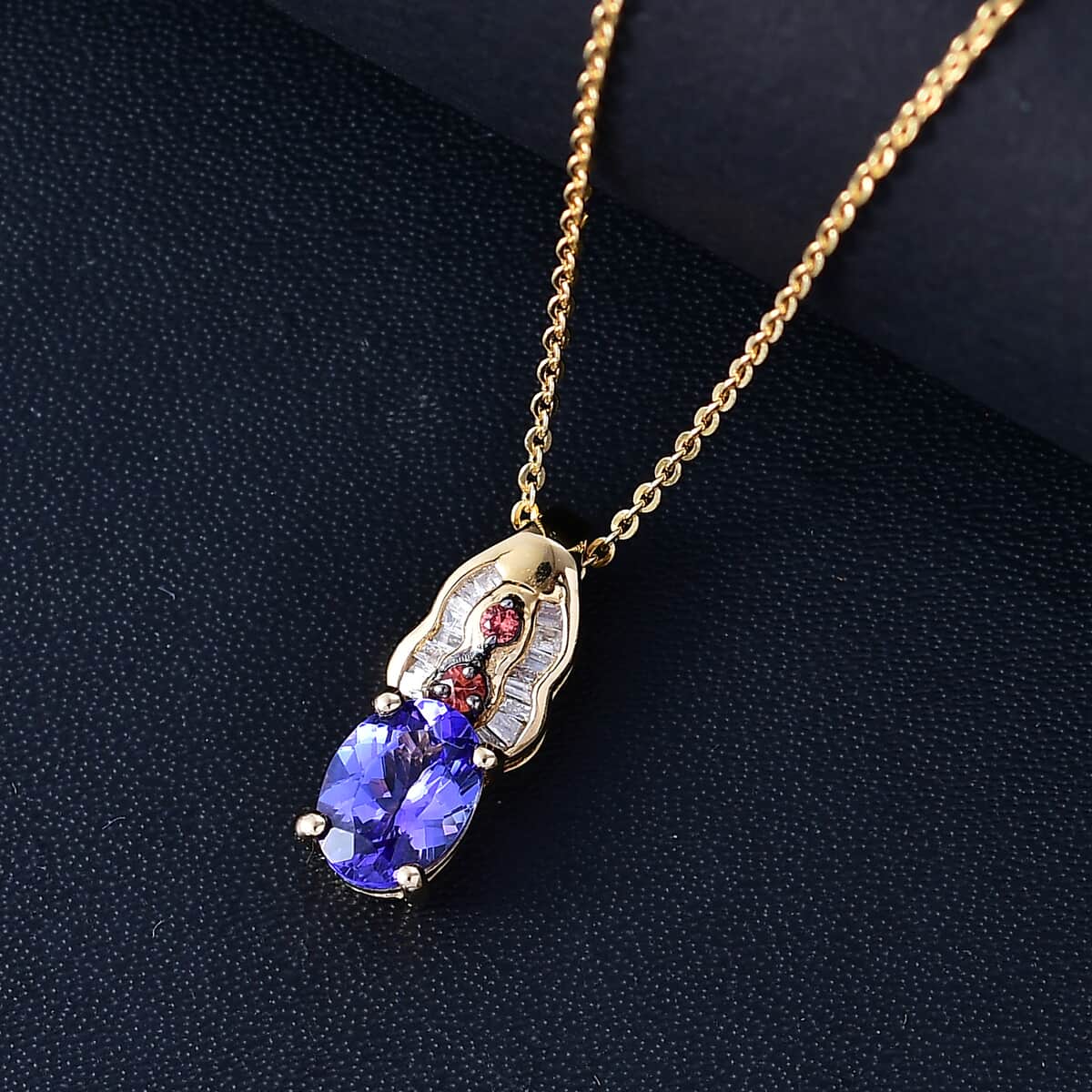 AAA Tanzanite, Padparadscha Sapphire (BT) and Diamond 1.30 ctw Lustre Serenade Pendant Necklace in 18K Vermeil Yellow Gold Over Sterling Silver 20 Inches image number 1