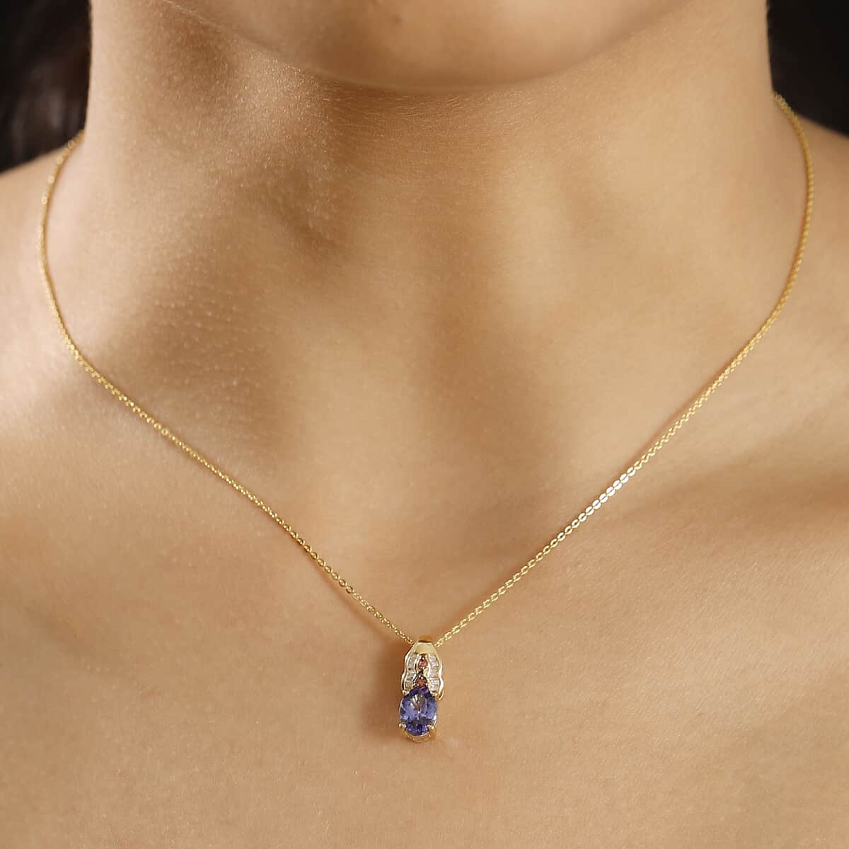 AAA Tanzanite, Padparadscha Sapphire (BT) and Diamond 1.30 ctw Lustre Serenade Pendant Necklace in 18K Vermeil Yellow Gold Over Sterling Silver 20 Inches image number 2