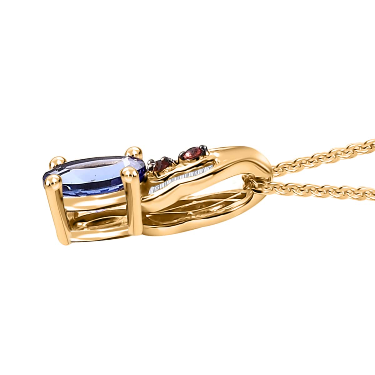 AAA Tanzanite, Padparadscha Sapphire (BT) and Diamond 1.30 ctw Lustre Serenade Pendant Necklace in 18K Vermeil Yellow Gold Over Sterling Silver 20 Inches image number 3