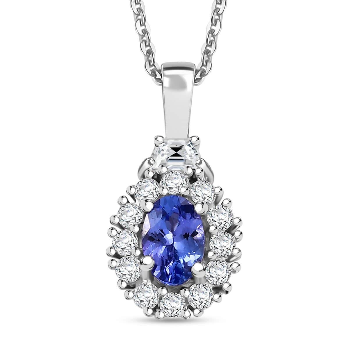 AAA Tanzanite and White Zircon 0.90 ctw Halo Pendant Necklace in Rhodium Over Sterling Silver 20 Inches image number 0