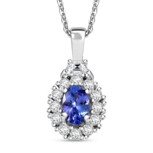 AAA Tanzanite and White Zircon 0.90 ctw Halo Pendant Necklace in Rhodium Over Sterling Silver 20 Inches