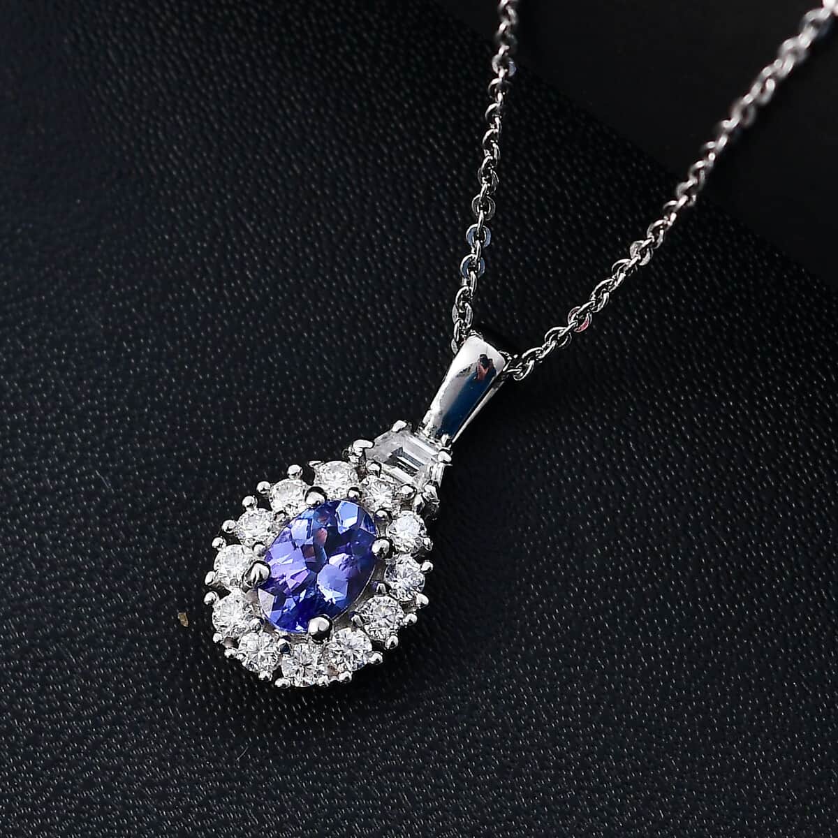 AAA Tanzanite and White Zircon 0.90 ctw Halo Pendant Necklace in Rhodium Over Sterling Silver 20 Inches image number 1