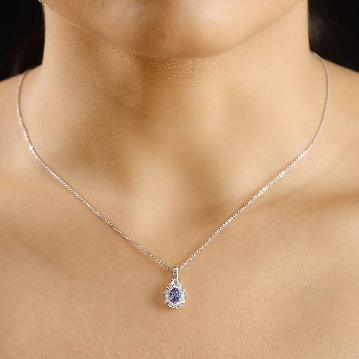 AAA Tanzanite and White Zircon 0.90 ctw Halo Pendant Necklace in Rhodium Over Sterling Silver 20 Inches image number 2