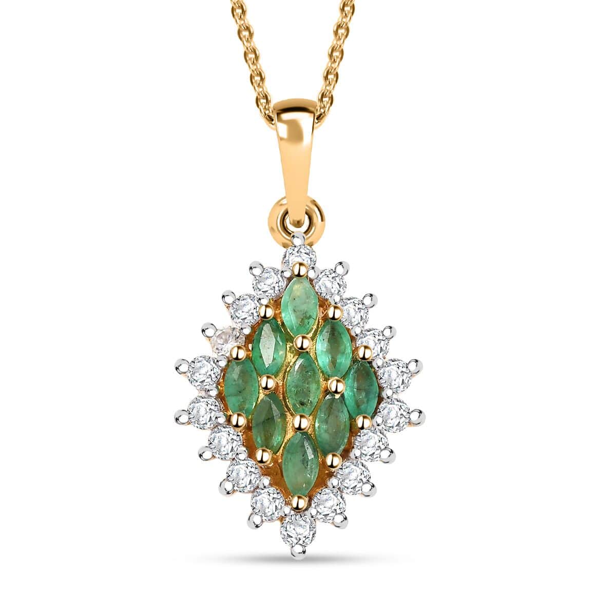 Kagem Zambian Emerald and White Zircon 1.60 ctw Verdant Halo Pendant Necklace in 18K Vermeil Yellow Gold Over Sterling Silver 20 Inches image number 0