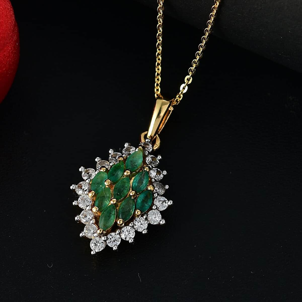 Kagem Zambian Emerald and White Zircon 1.60 ctw Verdant Halo Pendant Necklace in 18K Vermeil Yellow Gold Over Sterling Silver 20 Inches image number 1