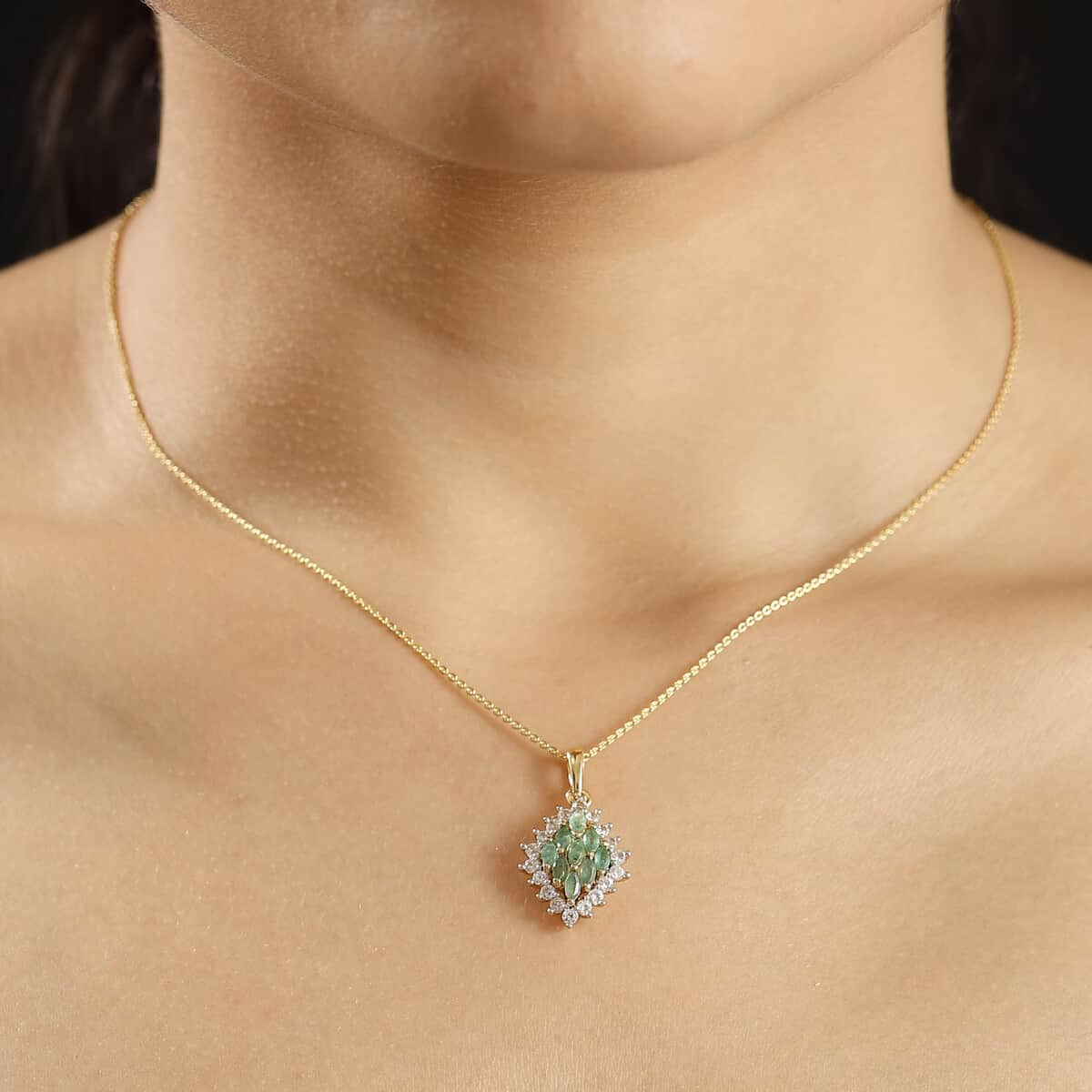 Kagem Zambian Emerald and White Zircon 1.60 ctw Verdant Halo Pendant Necklace in 18K Vermeil Yellow Gold Over Sterling Silver 20 Inches image number 2