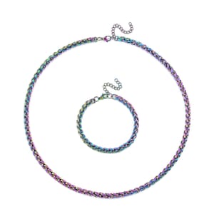 2 Piece Set - Spiga Chain Necklace (22-24 Inches) and Bracelet (7.5-9.5In) in ION Plated Rainbow Color Stainless Steel