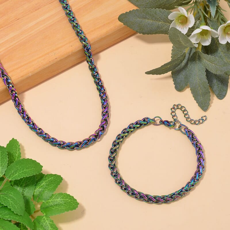 2 Piece Set - Spiga Chain Necklace (22-24 Inches) and Bracelet (7.5-9.5In) in ION Plated Rainbow Color Stainless Steel