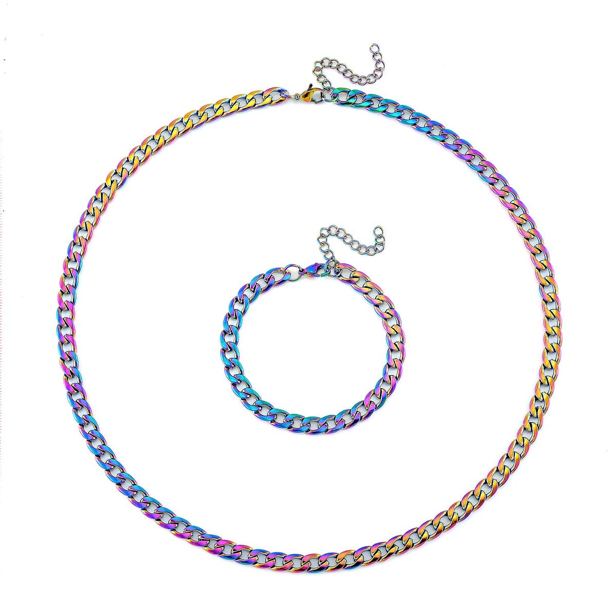 2 Piece Set - Cuban Chain Necklace (22-24 Inches) and Bracelet (7.5-9.5In) in ION Plated Rainbow Color Stainless Steel image number 0