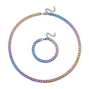 2 Piece Set - Cuban Chain Necklace (22-24 Inches) and Bracelet (7.5-9.5In) in ION Plated Rainbow Color Stainless Steel