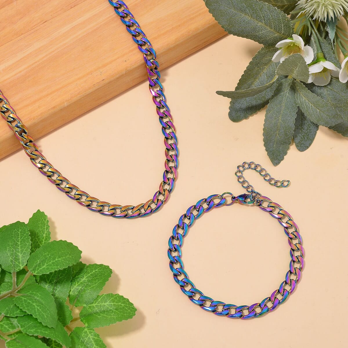 2 Piece Set - Cuban Chain Necklace (22-24 Inches) and Bracelet (7.5-9.5In) in ION Plated Rainbow Color Stainless Steel image number 1