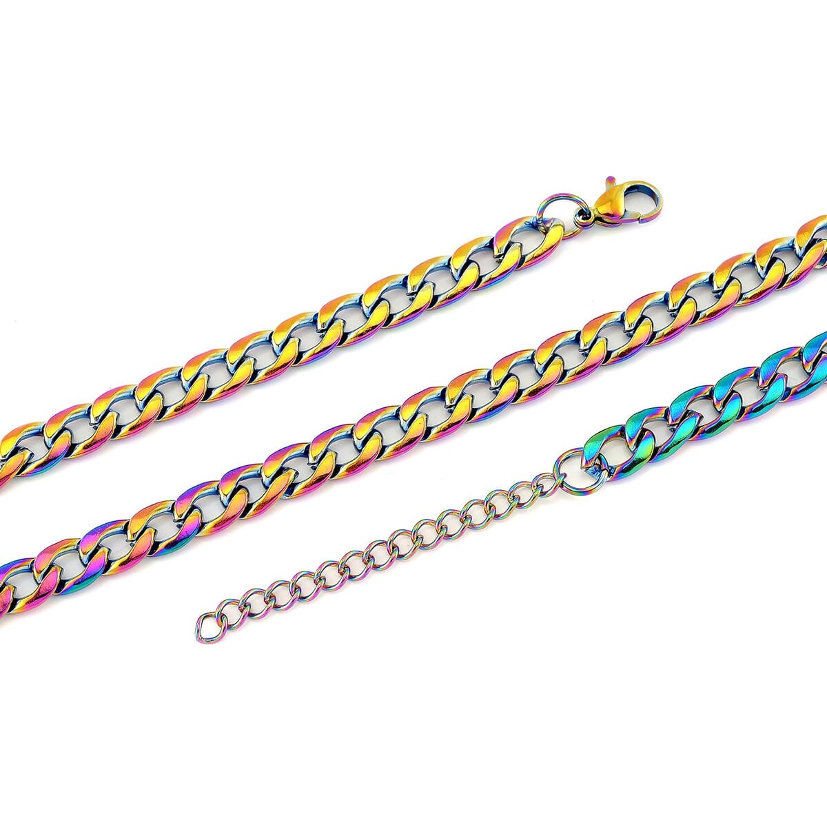 2 Piece Set - Cuban Chain Necklace (22-24 Inches) and Bracelet (7.5-9.5In) in ION Plated Rainbow Color Stainless Steel image number 3
