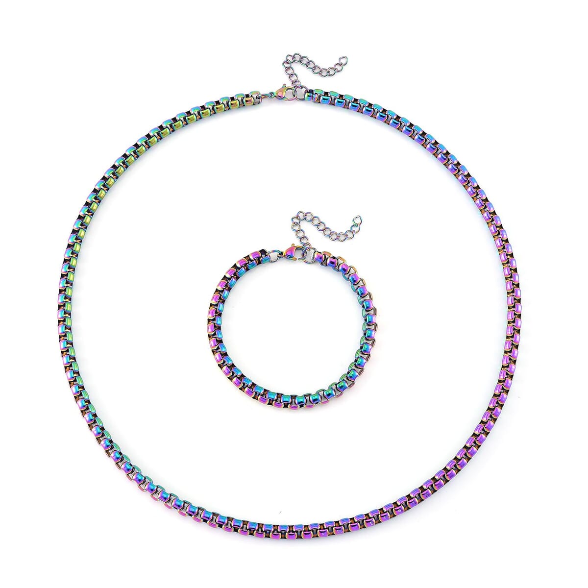 2 Piece Set - Box Chain Necklace (22-24 Inches) and Bracelet (7.5-9.5In) in ION Plated Rainbow Color Stainless Steel image number 0