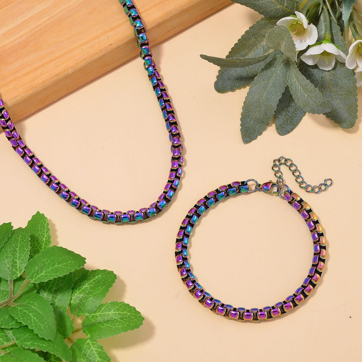 2 Piece Set - Box Chain Necklace (22-24 Inches) and Bracelet (7.5-9.5In) in ION Plated Rainbow Color Stainless Steel image number 1