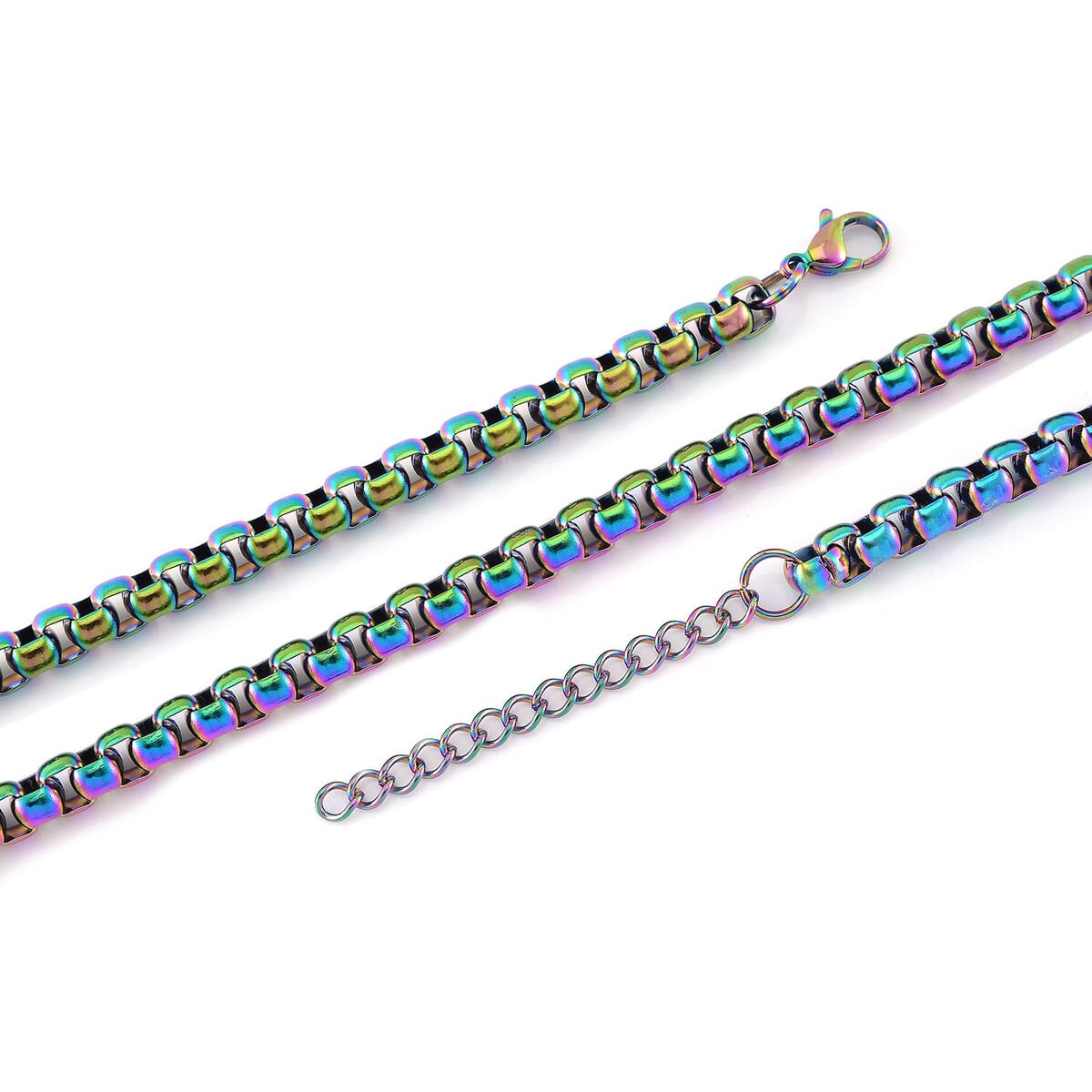 2 Piece Set - Box Chain Necklace (22-24 Inches) and Bracelet (7.5-9.5In) in ION Plated Rainbow Color Stainless Steel image number 3