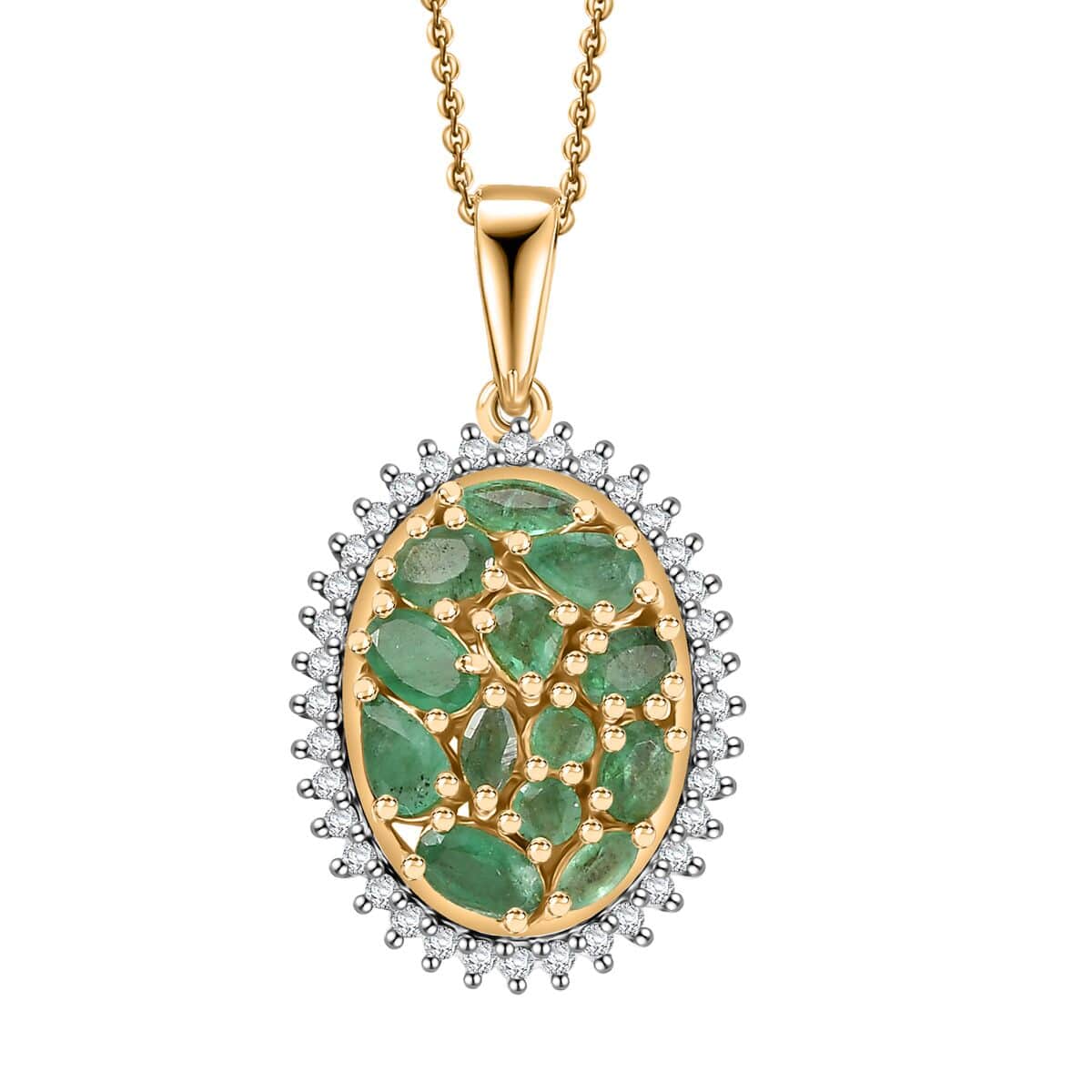 Doorbuster Kagem Zambian Emerald and White Zircon 2.30 ctw Dewdrop Pendant Necklace in 18K Vermeil Yellow Gold Over Sterling Silver 20 Inches image number 0