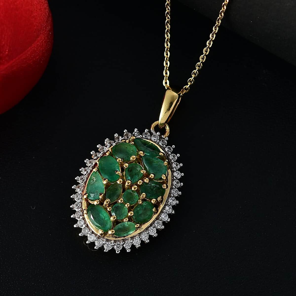 Doorbuster Kagem Zambian Emerald and White Zircon 2.30 ctw Dewdrop Pendant Necklace in 18K Vermeil Yellow Gold Over Sterling Silver 20 Inches image number 1