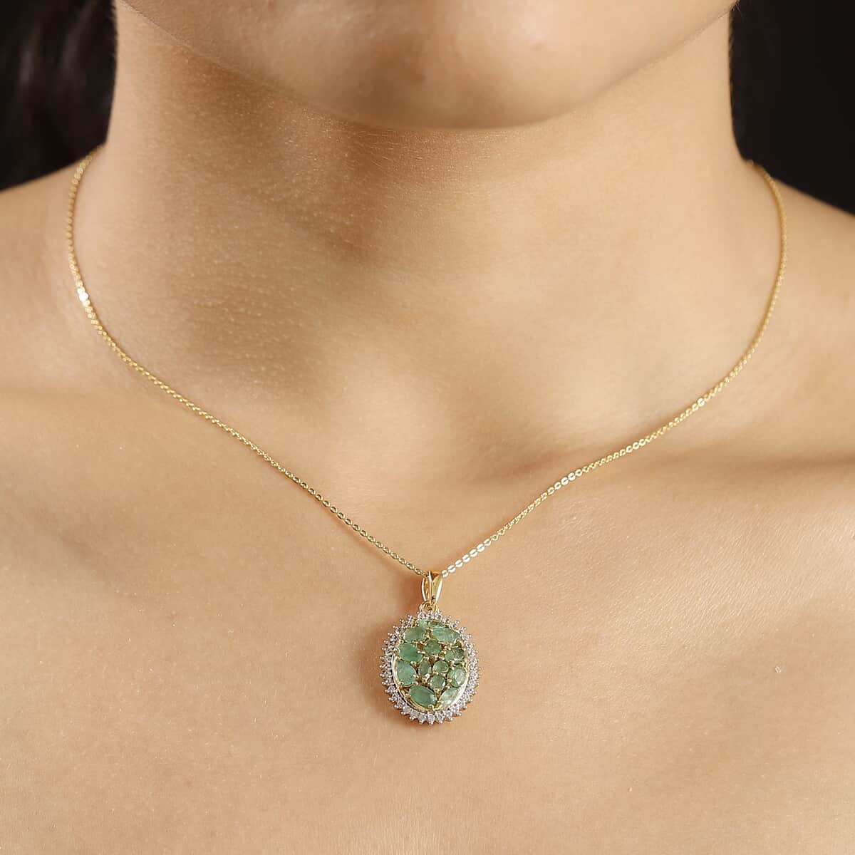 Doorbuster Kagem Zambian Emerald and White Zircon 2.30 ctw Dewdrop Pendant Necklace in 18K Vermeil Yellow Gold Over Sterling Silver 20 Inches image number 2