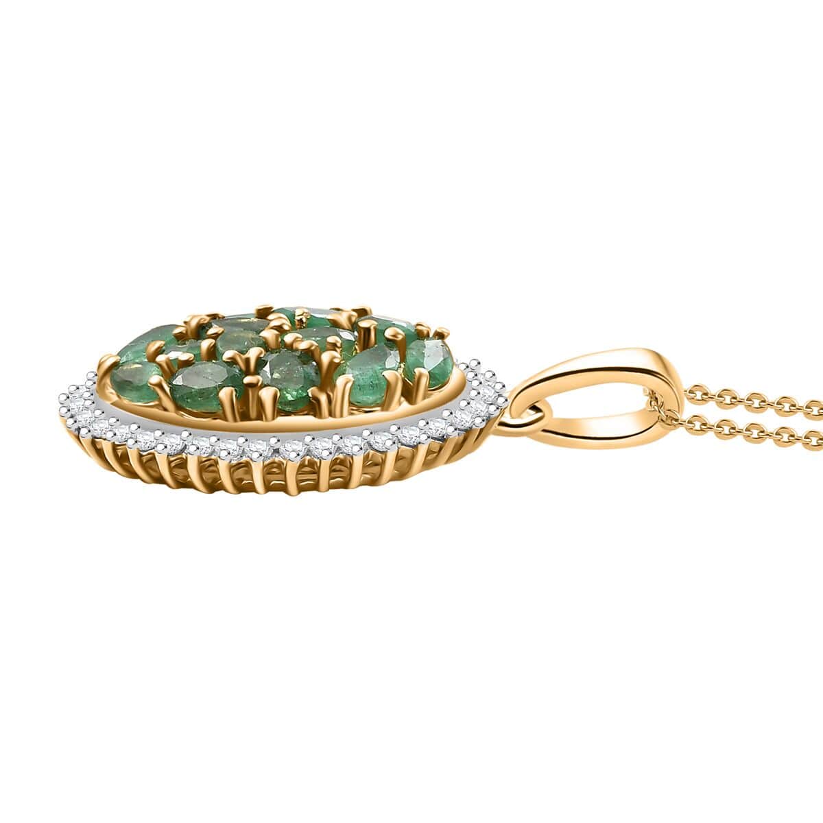 Doorbuster Kagem Zambian Emerald and White Zircon 2.30 ctw Dewdrop Pendant Necklace in 18K Vermeil Yellow Gold Over Sterling Silver 20 Inches image number 3