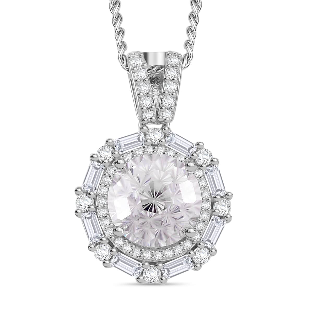 Maple Cut Moissanite 3.75 ctw Radiant Halo Pendant Necklace in Platinum Over and Rhodium Over Sterling Silver 20 Inches image number 0