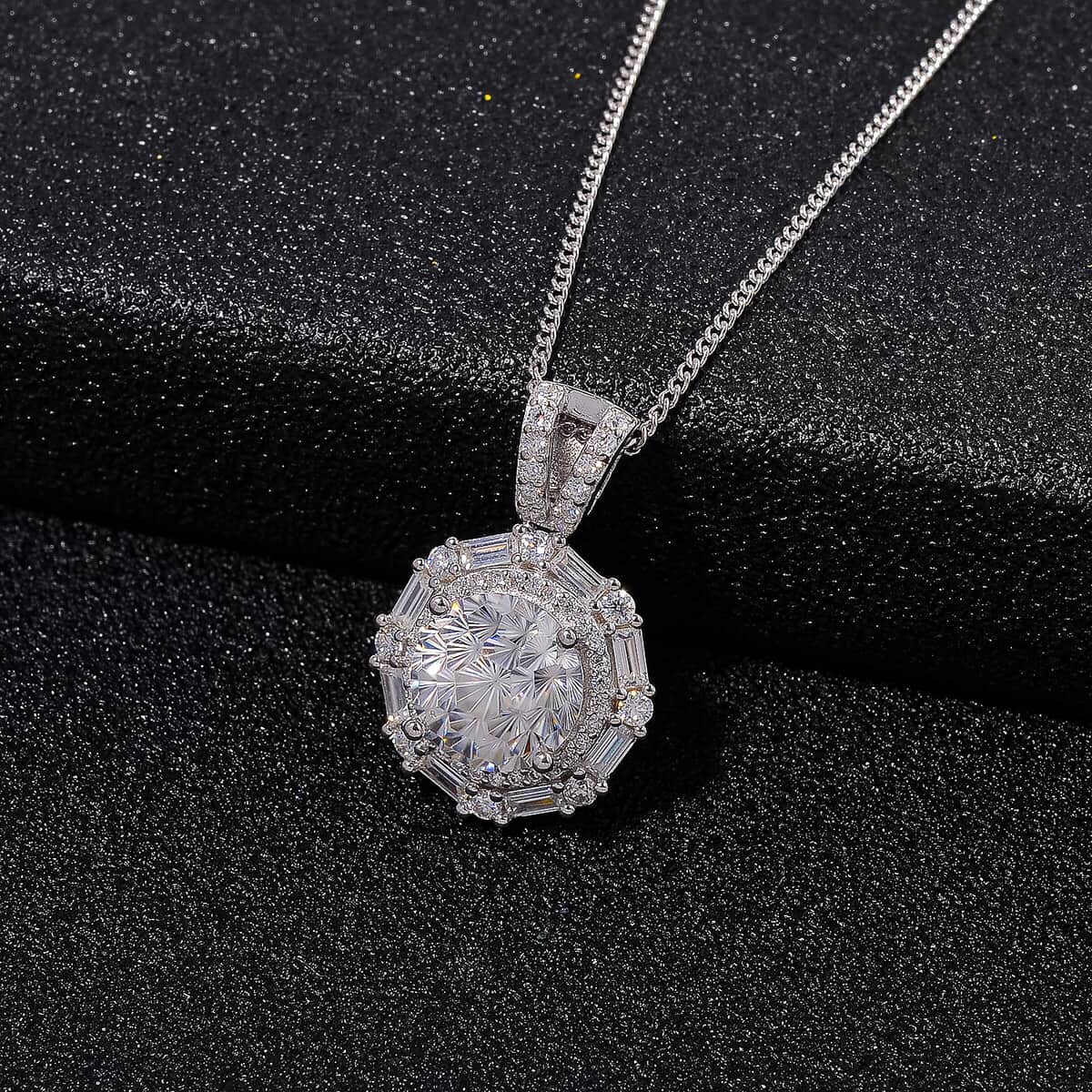 Maple Cut Moissanite 3.75 ctw Radiant Halo Pendant Necklace in Platinum Over and Rhodium Over Sterling Silver 20 Inches image number 1