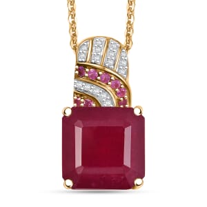 Asscher Cut Niassa Ruby (FF) and Multi Gemstone 10.50 ctw Majestic Wave Pendant Necklace 20 Inches in 18K Vermeil Yellow Gold Over Sterling Silver