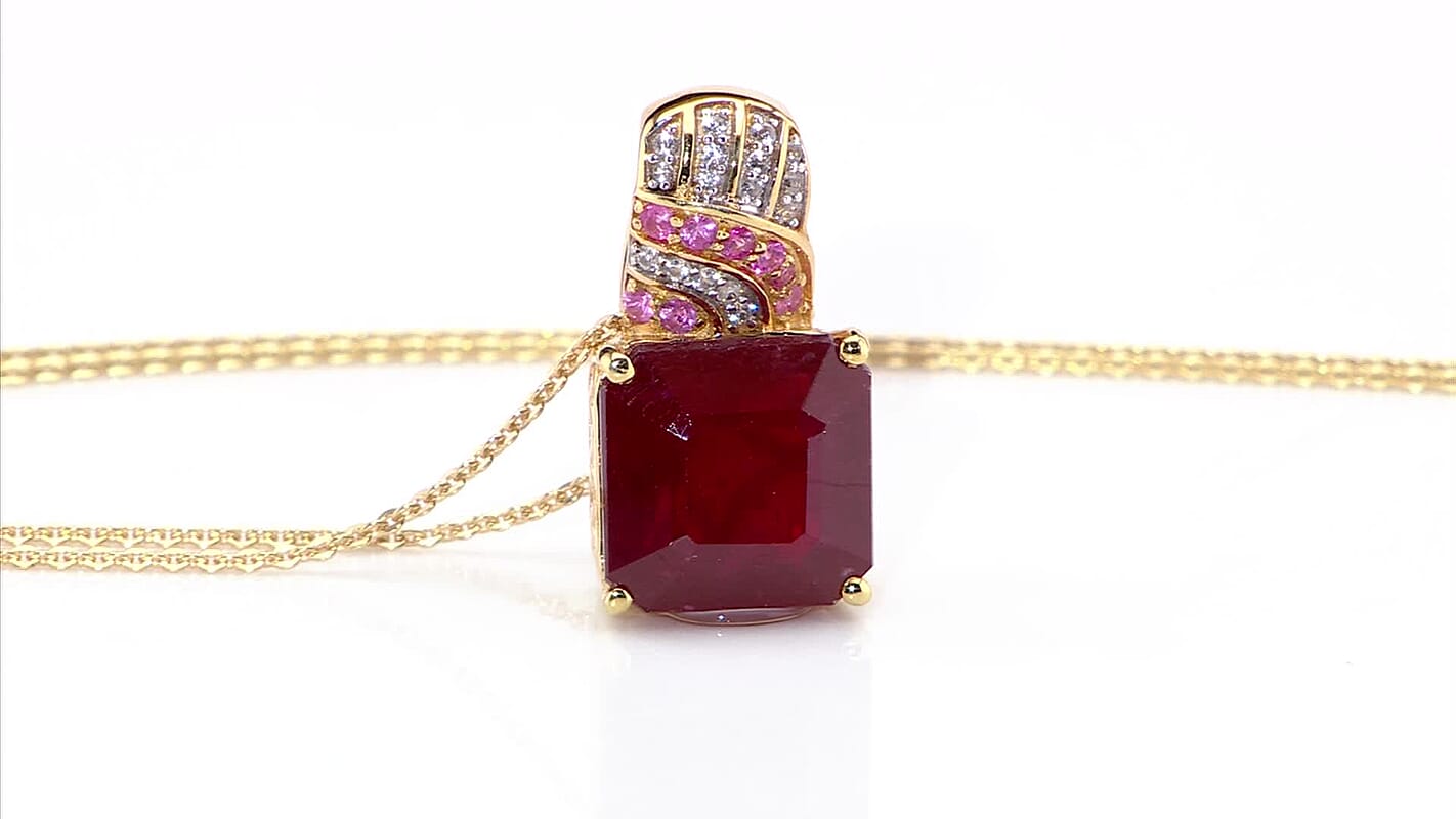 TLV Asscher Cut Niassa Ruby (FF), Multi Gemstone Pendant Necklace (20 Inches) in 18K Vermeil YG Over Sterling Silver 12.40 ctw