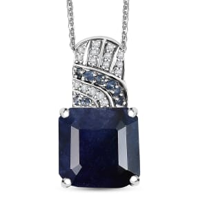 Asscher Cut Masoala Sapphire (D) and Multi Gemstone 11.25 ctw Majestic Wave Pendant Necklace 20 Inches in Rhodium Over Sterling Silver