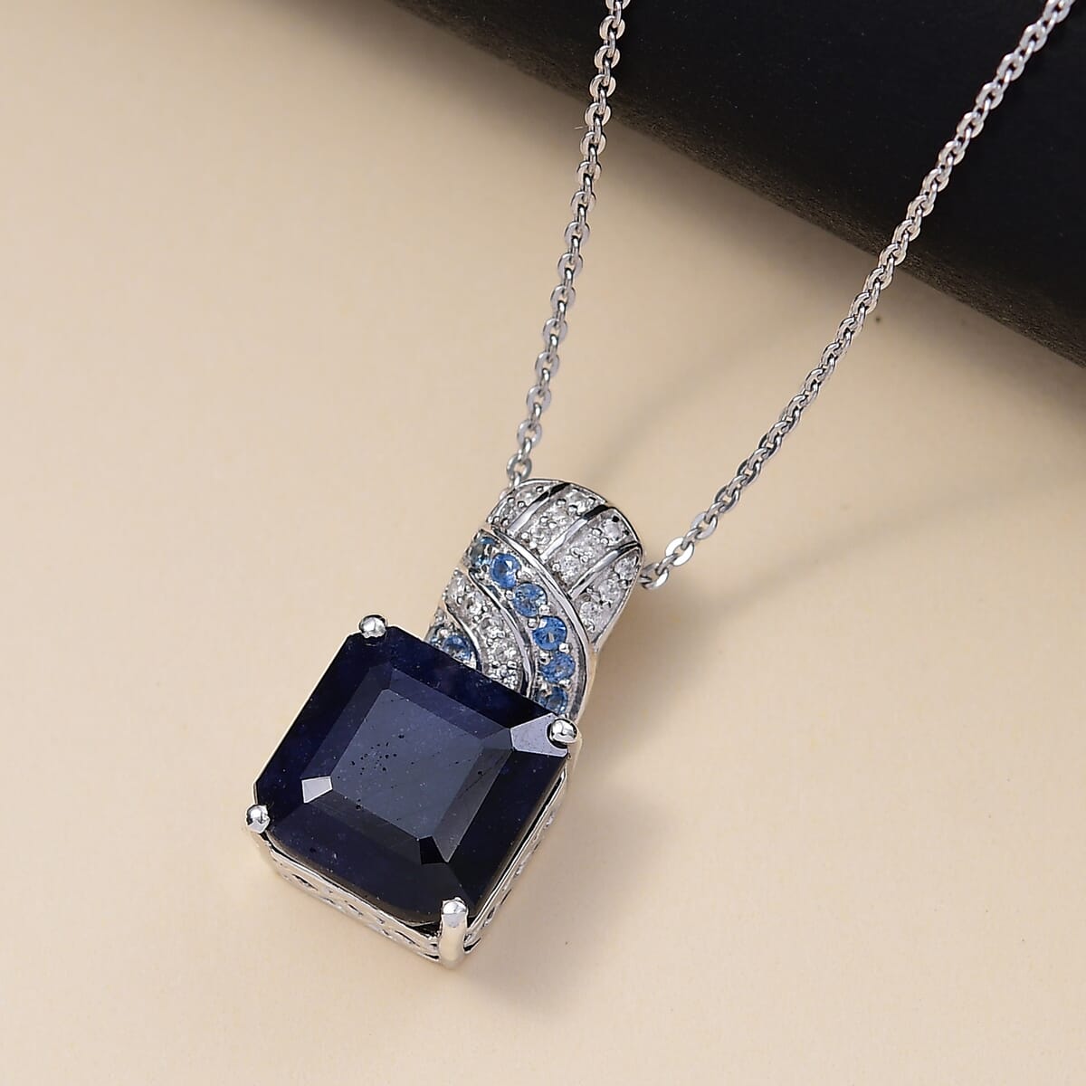 Asscher Cut Masoala Sapphire (D) and Multi Gemstone 11.25 ctw Majestic Wave Pendant Necklace 20 Inches in Rhodium Over Sterling Silver image number 1