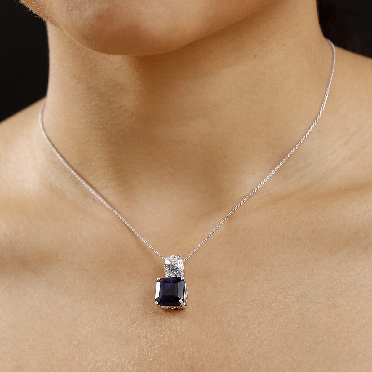 Asscher Cut Masoala Sapphire (D) and Multi Gemstone 11.25 ctw Majestic Wave Pendant Necklace 20 Inches in Rhodium Over Sterling Silver image number 2