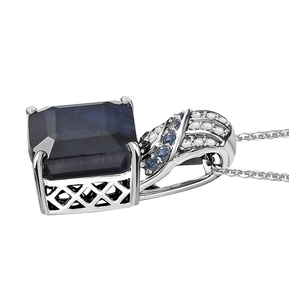Asscher Cut Masoala Sapphire (D) and Multi Gemstone 11.25 ctw Majestic Wave Pendant Necklace 20 Inches in Rhodium Over Sterling Silver image number 3