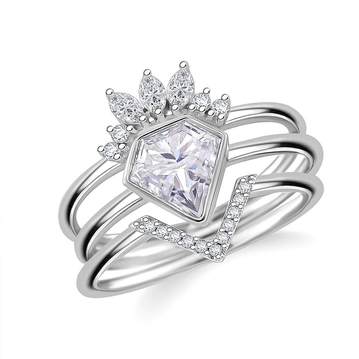 Set of 3 - Diamond Cut Moissanite 2.00 ctw Stackable Ring in Rhodium Over Sterling Silver (Size 8) image number 0