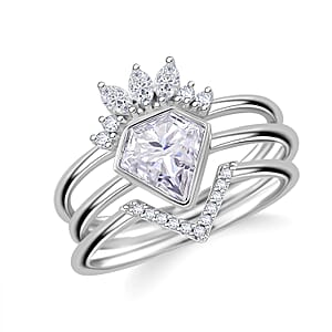 Set of 3 - Diamond Cut Moissanite 2.00 ctw Stackable Ring in Rhodium Over Sterling Silver (Size 8)