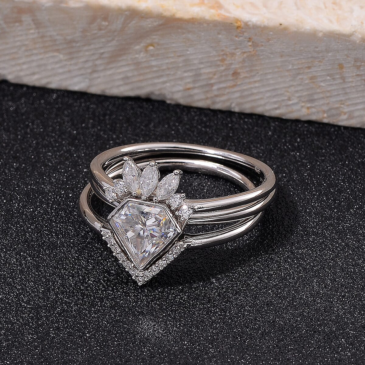 Set of 3 - Diamond Cut Moissanite 2.00 ctw Stackable Ring in Rhodium Over Sterling Silver (Size 10) image number 1