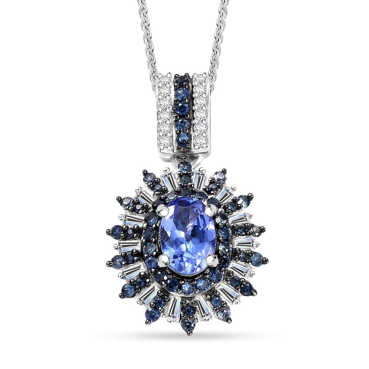 AAA Tanzanite, Blue Sapphire, Diamond 1.75 ctw Starlight Crown Pendant Necklace in Rhodium Over Sterling Silver 20 Inches image number 0