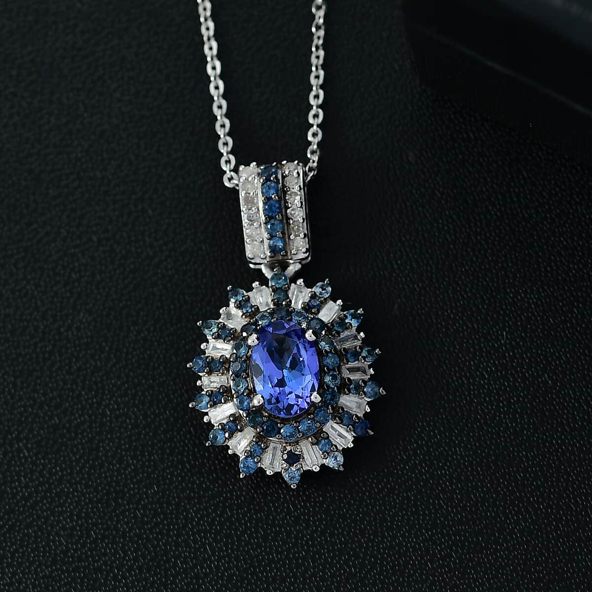 AAA Tanzanite, Blue Sapphire, Diamond 1.75 ctw Starlight Crown Pendant Necklace in Rhodium Over Sterling Silver 20 Inches image number 1