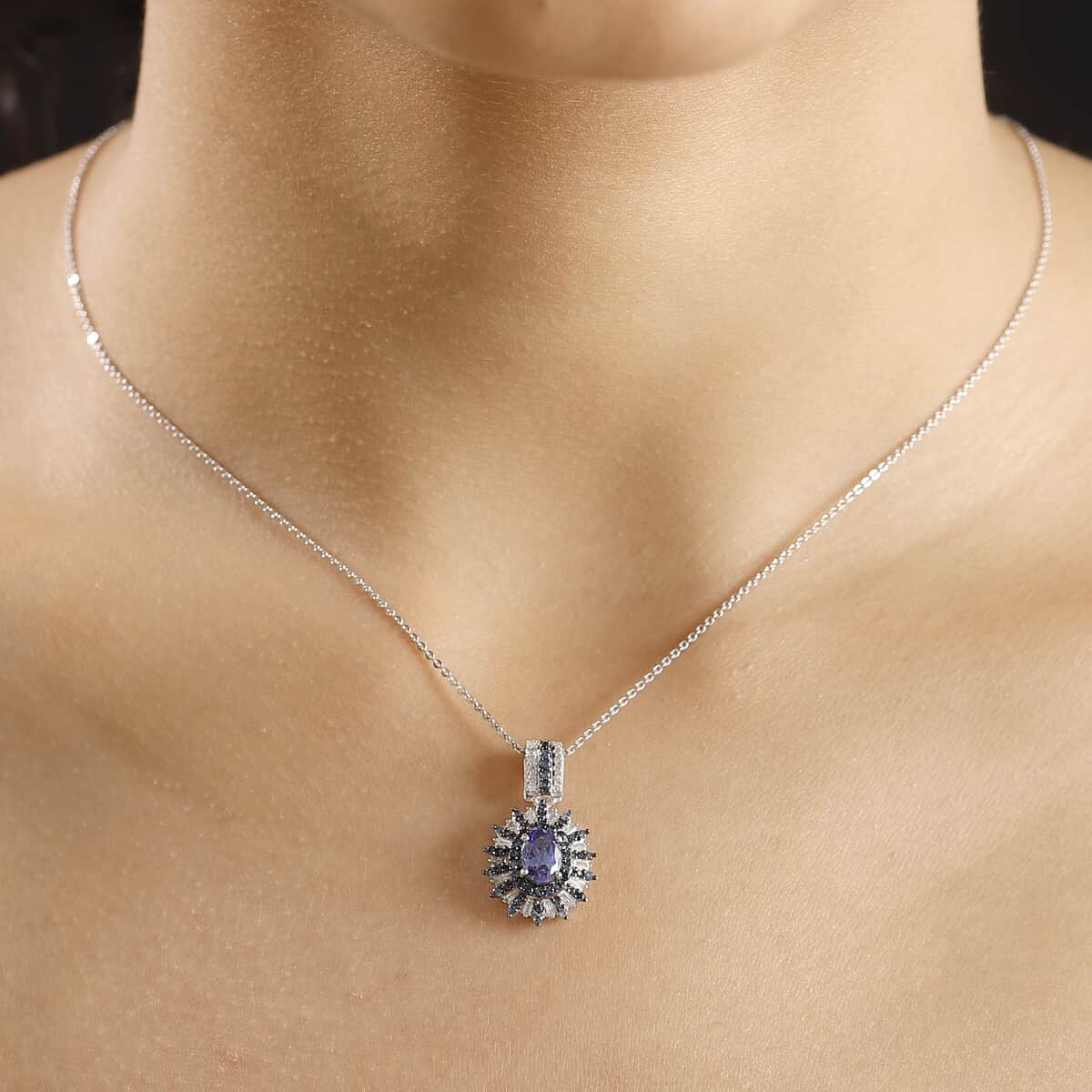 AAA Tanzanite, Blue Sapphire, Diamond 1.75 ctw Starlight Crown Pendant Necklace in Rhodium Over Sterling Silver 20 Inches image number 2