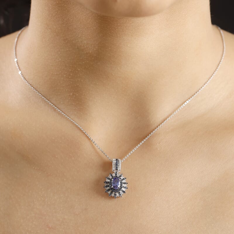 AAA Tanzanite, Blue Sapphire, Diamond 1.75 ctw Starlight Crown Pendant Necklace in Rhodium Over Sterling Silver 20 Inches