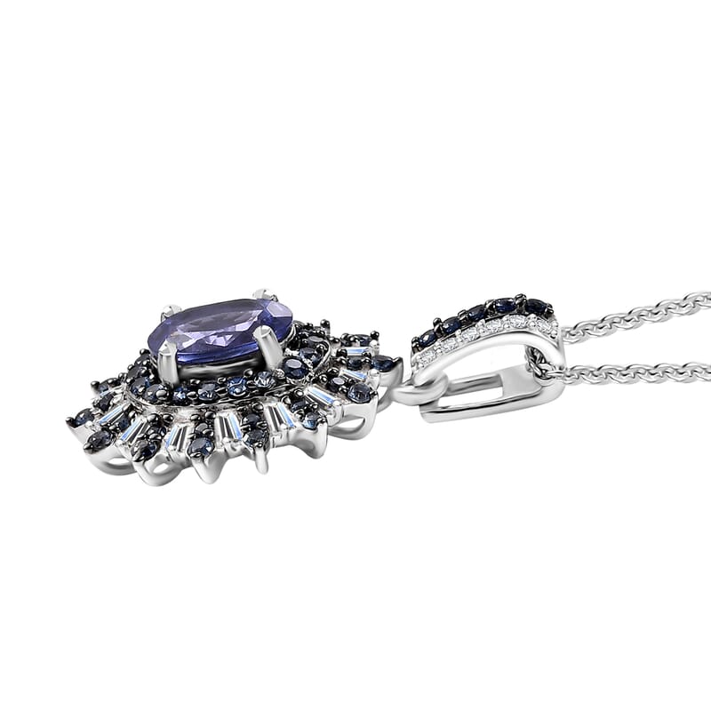 AAA Tanzanite, Blue Sapphire, Diamond 1.75 ctw Starlight Crown Pendant Necklace in Rhodium Over Sterling Silver 20 Inches