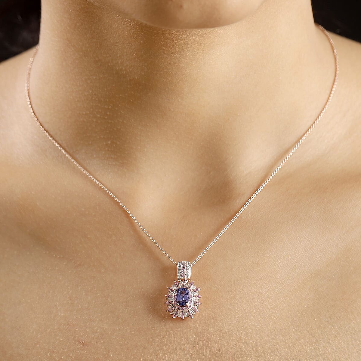 AAA Tanzanite, Madagascar Pink Sapphire and Diamond 1.80 ctw Starlight Crown Pendant Necklace in 18K Vermeil Rose Gold Over Sterling Silver 20 Inches image number 2