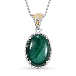 African Malachite 15.85 ctw Solitaire Pendant in 14K YG and Platinum Over Copper with Stainless Steel Necklace 20 Inches