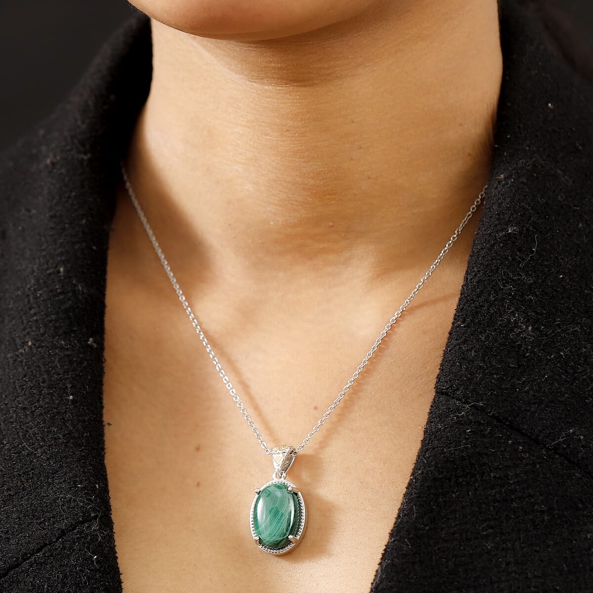 African Malachite 15.85 ctw Solitaire Pendant in Platinum Over Copper with Stainless Steel Necklace 20 Inches image number 2
