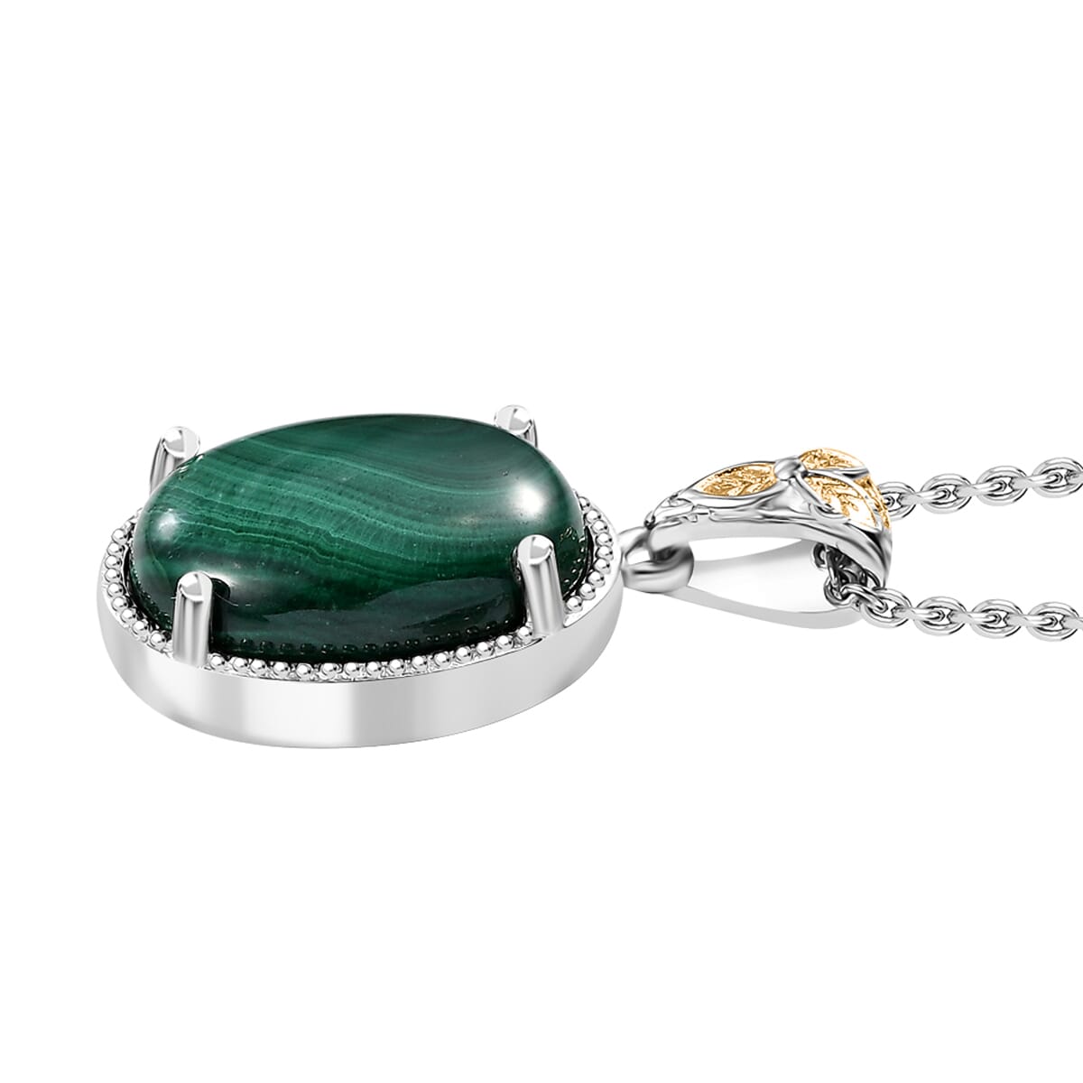African Malachite 15.85 ctw Solitaire Pendant in Platinum Over Copper with Stainless Steel Necklace 20 Inches image number 3